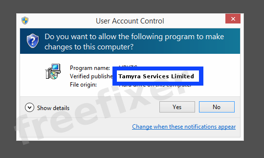 Screenshot where Tamyra Services Limited appears as the verified publisher in the UAC dialog